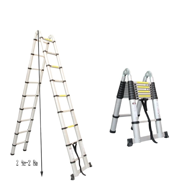 2.8+2.8m Aluminum A Frame Hinge Foldable Telescopic Step Ladder with EN 131